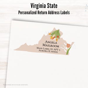 Etiquetas de dirección de devolución personalizadas con forma de mapa de Virginia y tulipanes, juego de 16 etiquetas / Etiquetas de envío personalizadas con forma de mapa de estado de flores, pegatinas para correo postal
