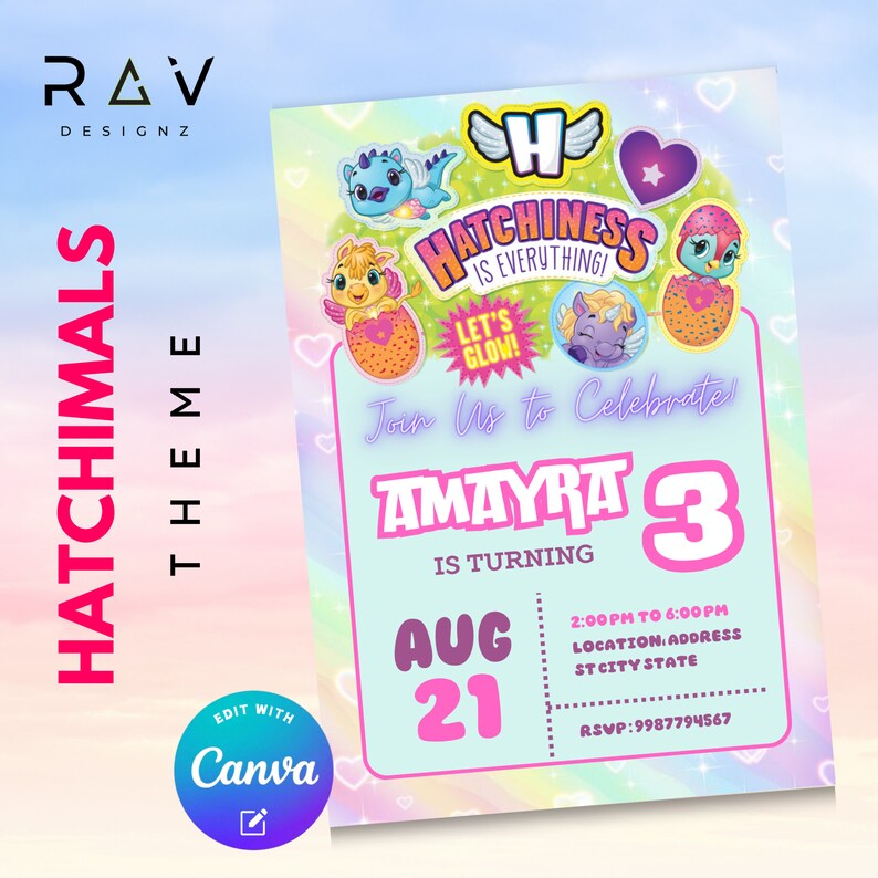 Editable Hatchimals Birthday Invitation Customizable Canva Template ...