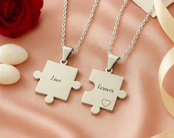 Personalized Puzzle Piece Necklace Set – Custom Engraved Name Couple Necklace Gift, Stain Steel Pendant for Anniversary Birthday