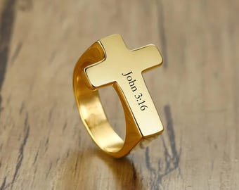 Personalized Cross Ring – Custom Engraved Christian Ring with Name or Bible Verse, Stainless Steel Faith Jewelry Gift for Men & Women