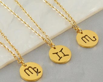 Personalized Dainty Zodiac Disc Necklace, Horoscope Necklace, Gold Zodiac Coin Necklace, Personalized Gift, Gift for her, Christmas Gift