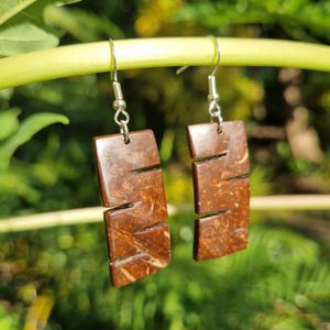 Può includere: Un paio di orecchini fatti a mano con pendenti rettangolari in guscio di cocco marrone con disegni ritagliati. Gli orecchini pendono da ganci per orecchie color argento. Lo sfondo è una vista sfocata di fogliame verde.