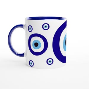 Greek Evil Eye Ceramic Mug – 11oz Coffee Cup with Colour Accent – Microwave & Dishwasher Safe
