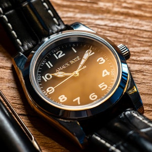 Vintage automatisch veldhorloge: roestvrij staal, leren band
