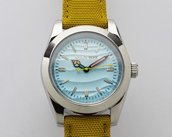 Unique Pool Party Inspired Luxury Automatic Watch - Aqua Dial - Yellow Sail Cloth Strap
