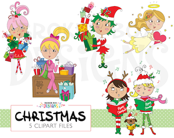 May include: Five digital illustrations of Christmas characters. A girl with pink hair and a red dress is holding presents. A girl with blonde hair is sitting at a table with presents. A girl with green hair wearing a red elf costume is holding presents. A girl with blonde hair wearing a white angel costume is holding a heart. Two girls are singing Christmas carols with a dog.