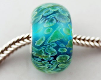 Unique Teal Water Lily Pattern Glass Chubby Bead -  Artisan Lampworked Glass Charm Bracelet Bead - (MAY-06)