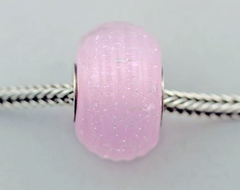 Unique Textured Pink Dichroic Chubby Bead - Artisan Lampworked Glass Bracelet Bead - (FEB-10)