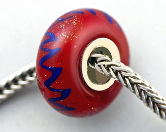 Unique Blue Silver Twist on Red Dichroic Glass Bead -Artisan Lampwork Glass Charm Bracelet Bead - (APR-16)