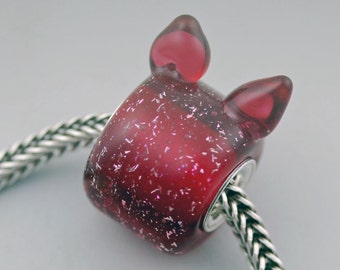 Raspberry Pink Women's March 2022 Glittery Kitty Bead- Unique Artisan Lampwork Charm Bracelet Bead (APR-48 )