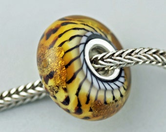 Unique Gold Leaf Siberian Tiger - Lampwork Artisan Glass Charm Bracelet Bead - (APR-43)