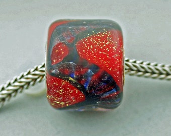 Unique Red and Blue Twist Dichroic Glass Barrel Bead - Artisan Lampwork Glass Charm Bracelet Bead - (APR-17)