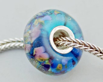 Multicolor Speckled Aqua Trollstone Glass Charm Bracelet Bead - Unique Lampwork Artisan Glass Bracelet Bead - (APR-29)