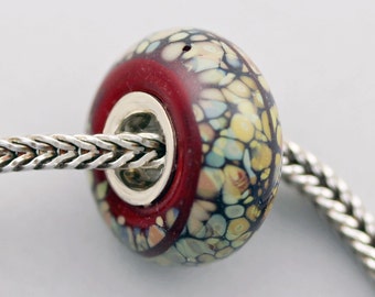 Unique Silvered Red Speckled Raku Charm Bead  - Artisan Lampworked Glass Bracelet Bead - (JAN-04)