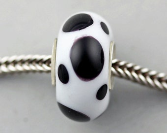 Unique Big White and Black Dot Glass Charm Bead - Artisan Lampwork Charm Bracelet Bead - (APR-18)