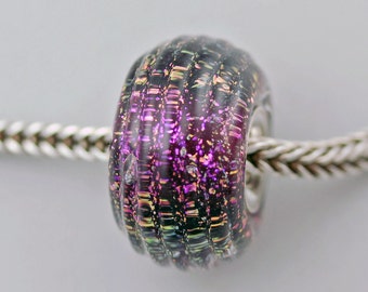 Unique Textured Dichroic Plum Chubby Glass Bead - Artisan Lampworked Glass Bracelet Bead - (FEB-09)