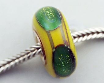 Unique Silver Green Dots on Yellow Glass Bead - Artisan Lampwork Charm Bracelet Bead - (FEB-08)