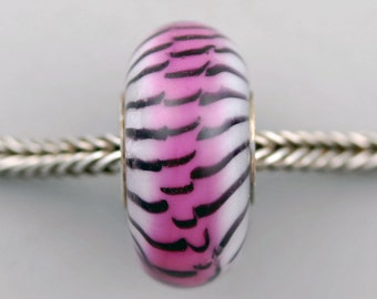 Unique Raspberry Pink On White Tiger-like Pattern Glass Charm Bead - Artisan Lampwork Glass Bracelet Bead (APR-30)