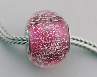 Unique Glittery Berry Pink Textured Chubby Bead -  Artisan Lampworked Glass Bracelet Bead - (APR-49)