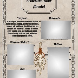 May include: A vintage-style poster with the text "Protective Door Amulet." It details the purpose of the amulet, which is to guard against unwanted visitors and negative energies. A chicken foot is shown, bound with red string.