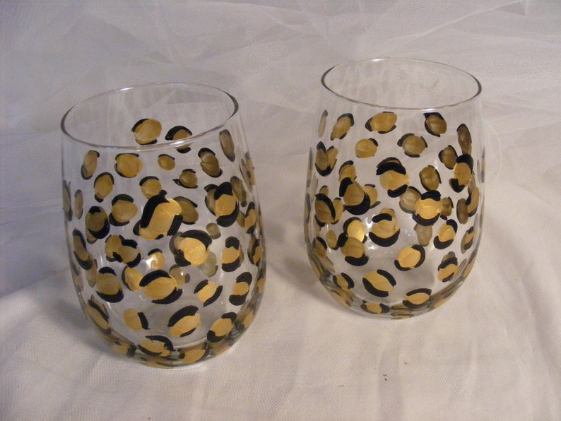Painted Stemless Wine Glasses in Gold Leopard Etsy