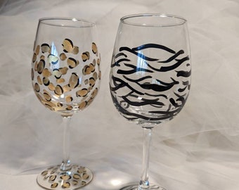Painted wine glasses in leopard and zebra print