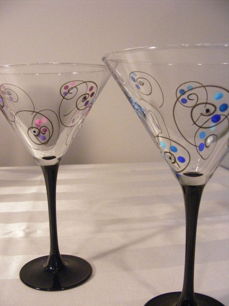 Hand painted martini glasses with black stems swirls and Etsy