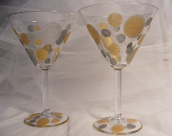 hand painted Vintage Home look martini glasses with silver and gold metallic dots in retro style