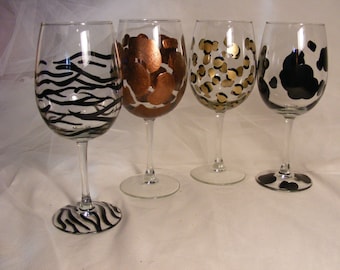 painted animal print wine glasses
