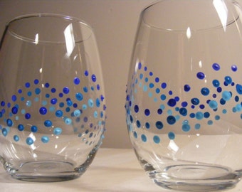 painted blue polka dot stemless wine glasses  - perfect for a beach wedding or lake house - can be personalized