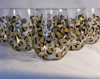 Painted leopard print stemless  wine glasses - set of 4