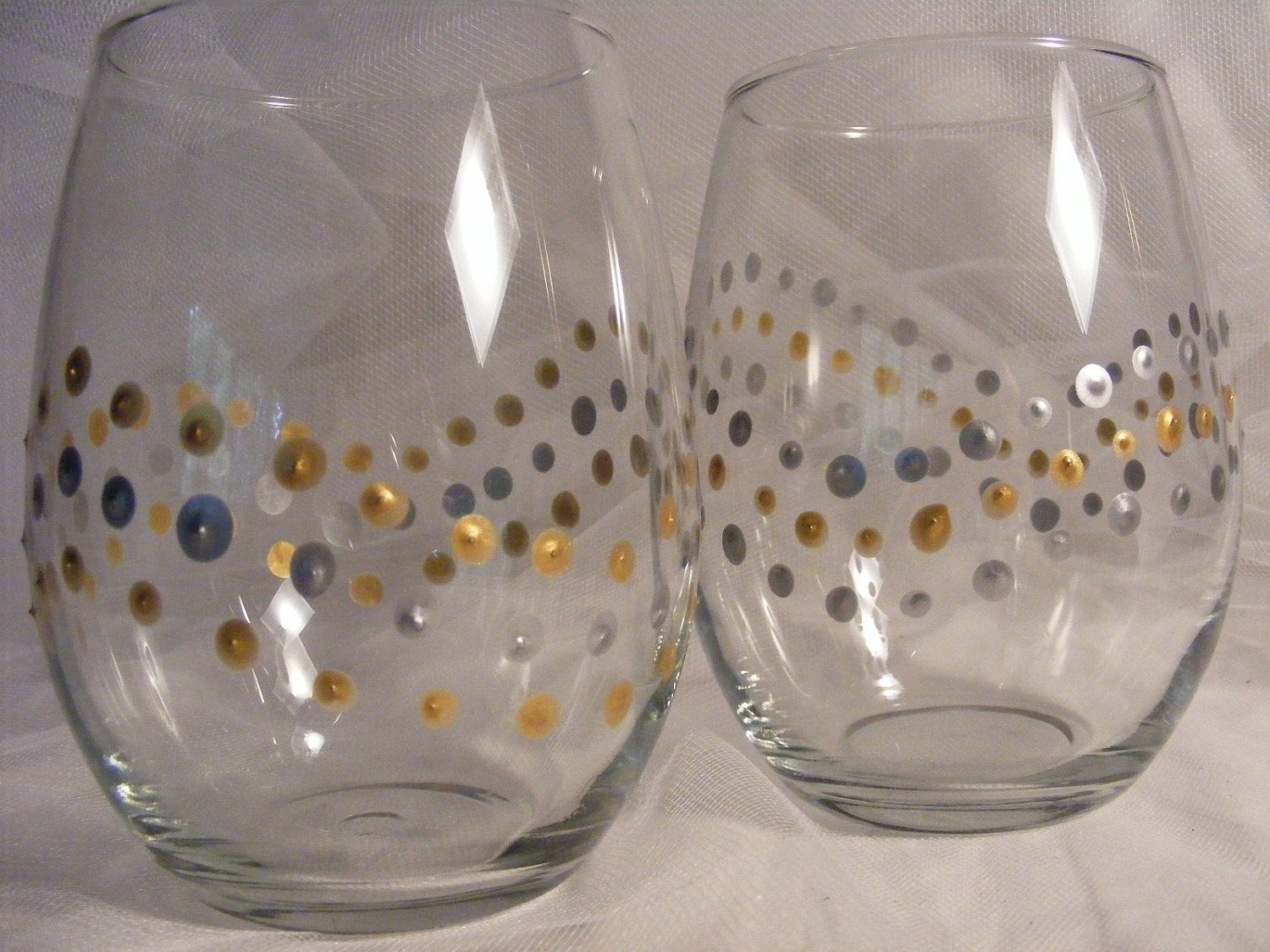 Painted Wine Glasses STEMLESS With Gold and Silver Polka Dots Etsy