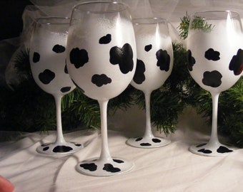 painted cow print wine glasses - set of 4