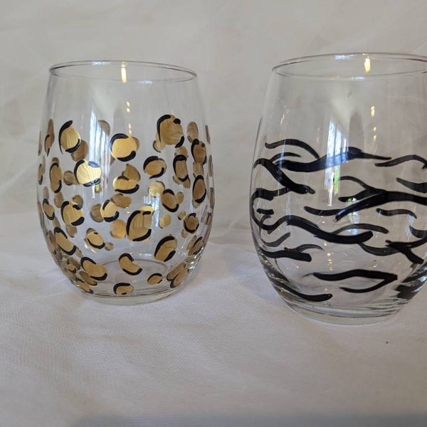 Painted stemless wine glasses in leopard and zebra print