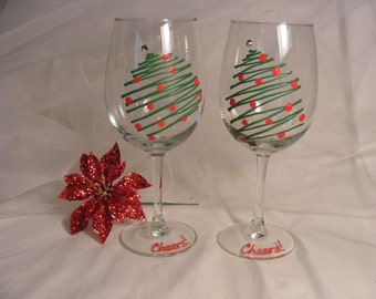 Christmas wine glasses - set of 2 hand painted Christmas tree wine glasses