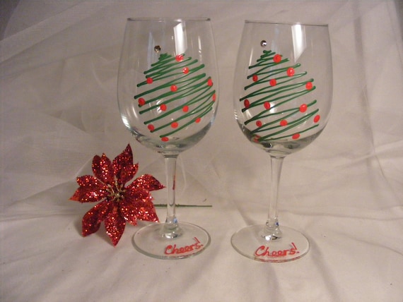 Christmas Wine Glasses Set of 2 Hand Painted Christmas Tree Wine Glasses 
