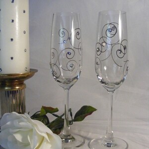 elegant champagne toasting flutes with Swarovski crystal rhinestones this pair is painted and ready to ship as shown image 2