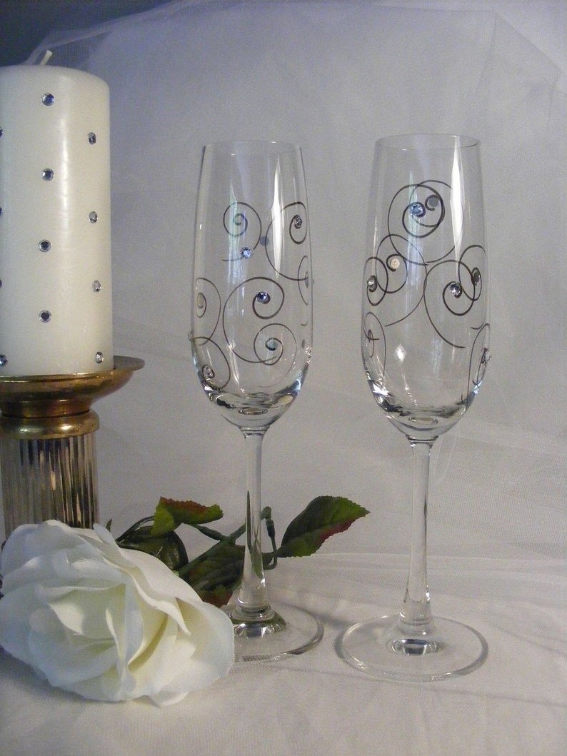 elegant champagne toasting flutes with Swarovski crystal rhinestones this pair is painted and ready to ship as shown image 2