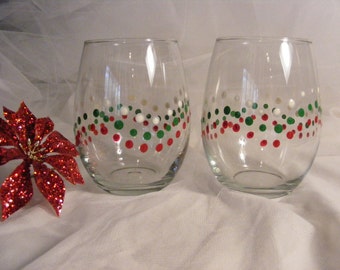 hand painted Christmas wine glasses stemless with red, white, and green polka dots - can be ordered in any color combo