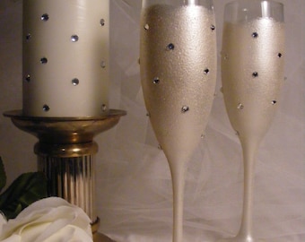 painted champagne flutes with Swarovski crystal rhinestones and ivory shimmer paint - for wedding anniversary birthday