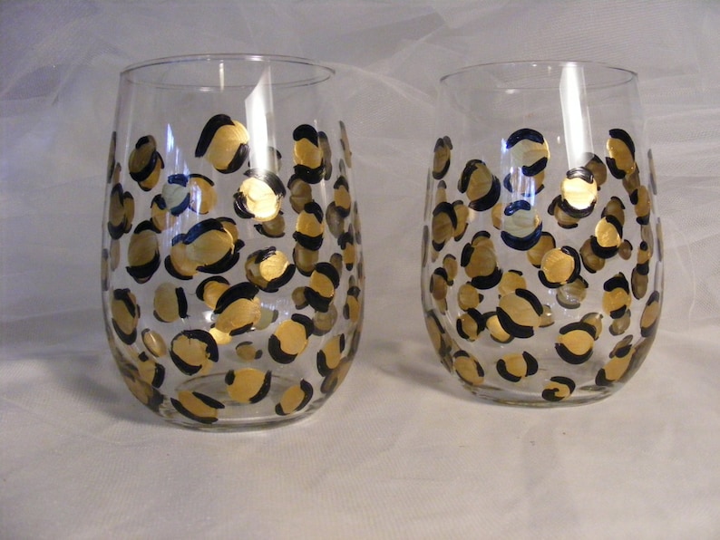 Painted Stemless Wine Glasses in Gold Leopard Etsy