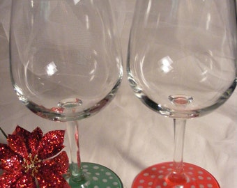 painted Christmas wine glasses - red and green with silver polka dots