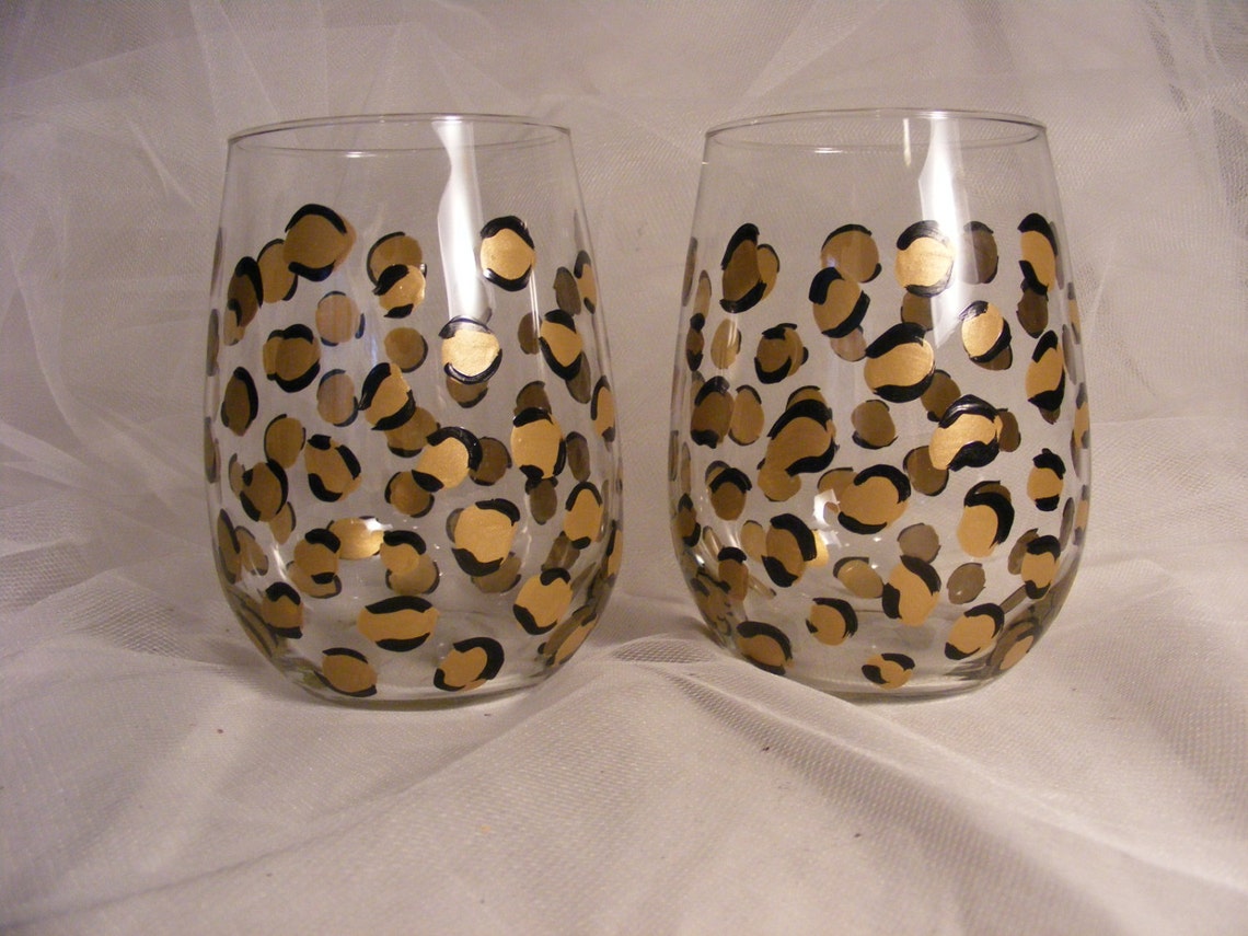 Painted Leopard Print Wine Glasses in Gold and Black Etsy