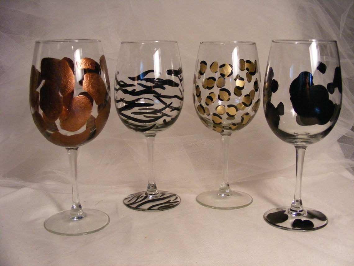 Painted Animal Print Wine Glasses Etsy