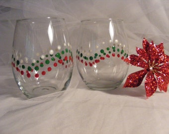 painted Christmas wine glasses with  red, green and white polka dots on stemless wine glasses  - can be made in your choice of colors