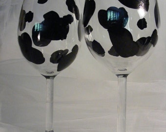 painted cow print wine glasses