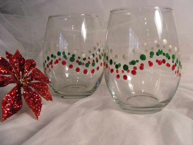 Hand Painted Christmas Wine Glasses Stemless With Red White Etsy