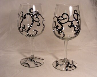 painted black and white polka dot swirl scroll wine glasses - this pair is ready to ship as shown