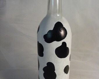 painted  wine bottle with cow print - can use for oil, soap or vinegar - great for birthday, wedding or housewarming gift