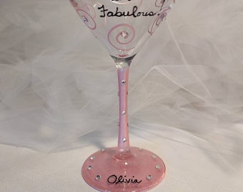 Personalized pink martini glass with Swarovski crystals